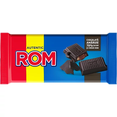 Ciocolata amaruie ROM autentic Romanesc, 70% cacao cu crema de rom, 88g